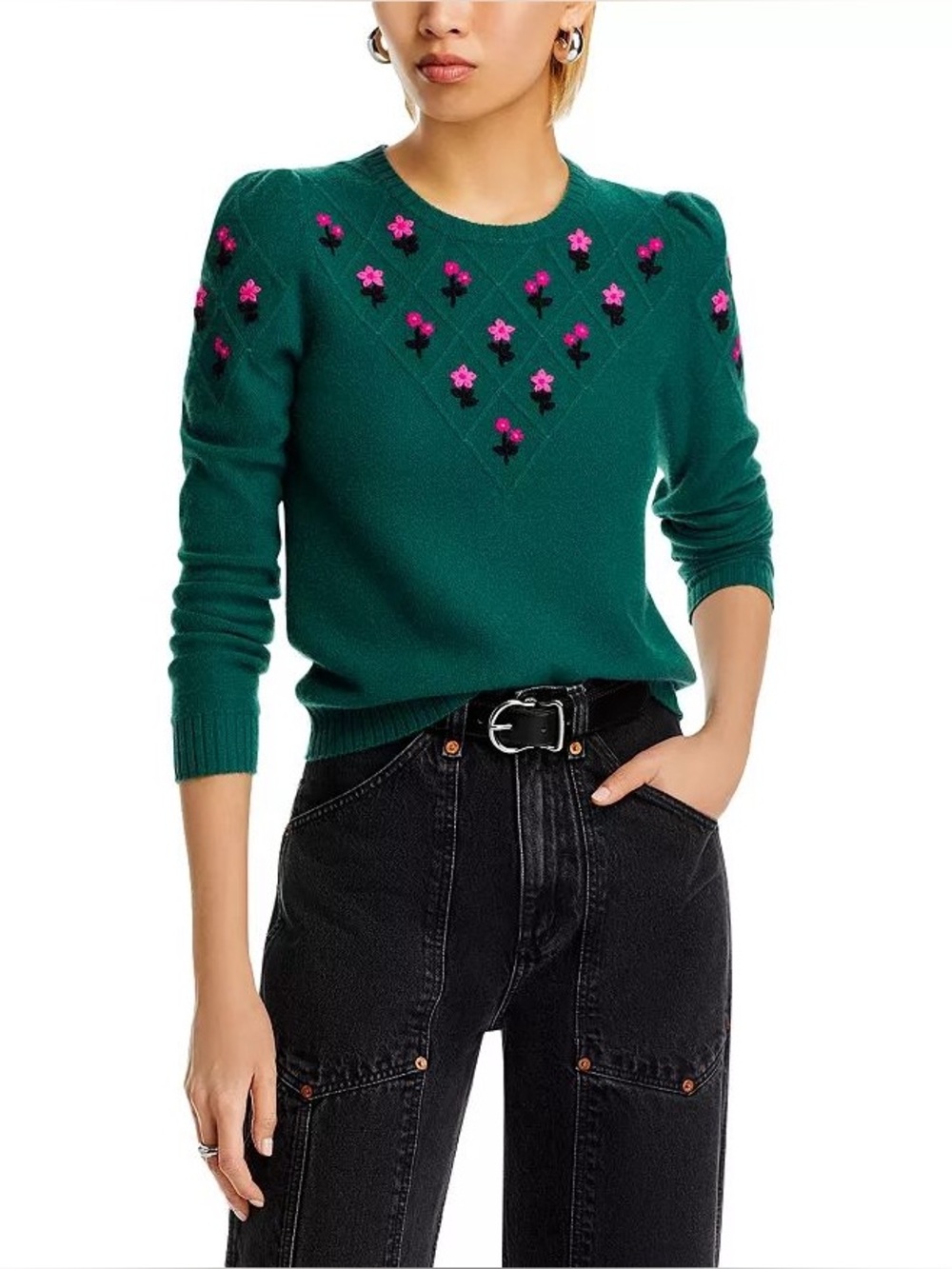Aqua Teal Cashmere Scoop Neck Sweater with Pink Floral Embroidery
